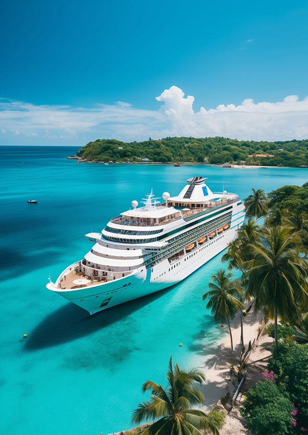Luxury cruise ship sailing through the Caribbean Sea with tropical destinations, showcasing unforgettable cruise experiences with Cruise Latam